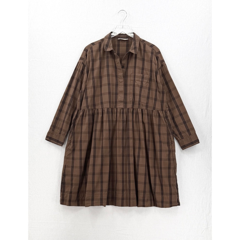 Everlane Shirt Dress Women Medium Brown Plaid Cotton Long Sleeve Babydoll Mini - Picture 6 of 16